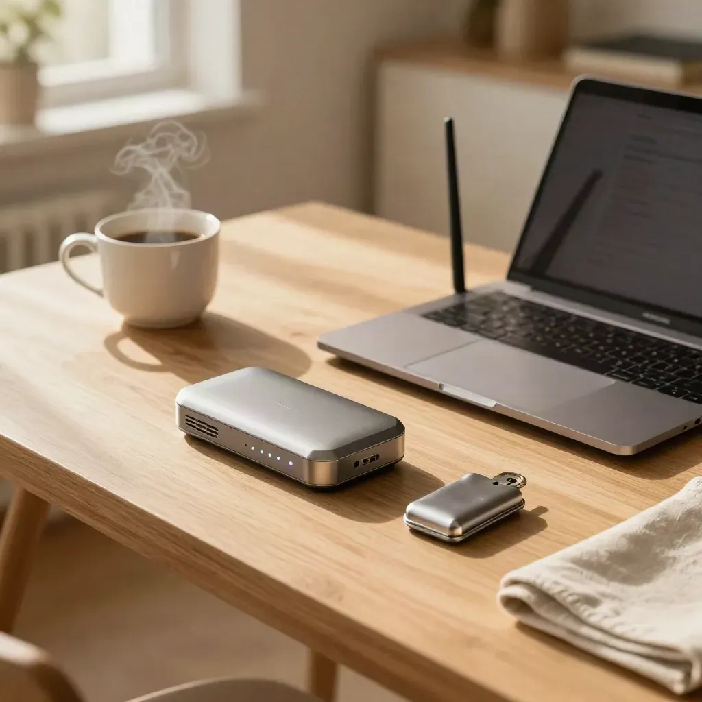 Audit tools on a warm oak workbench with laptop, hardware wallet, router and coffee cup