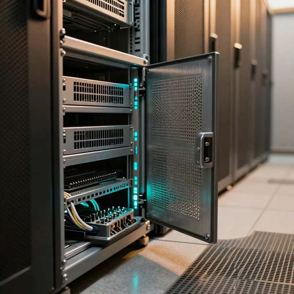 Locked backup case in a server corridor beside cabling and a key tray, lit by cyan rack glow.