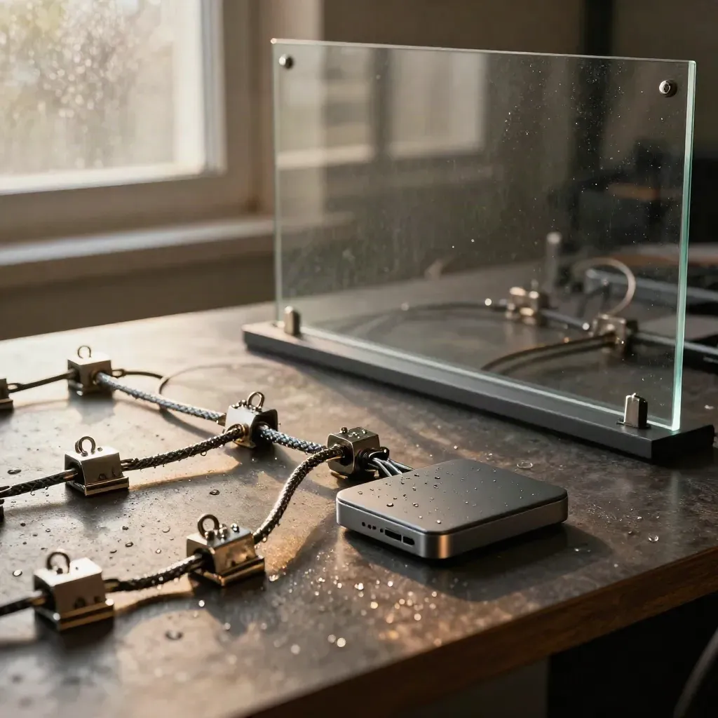 Tracing bench with cables, clips, offline device, and glass reflections after rain