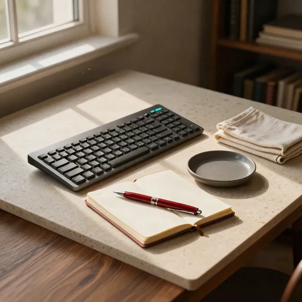 Overhead remediation desk with keyboard, notebook, red pen, dish, and folded cloth in warm window light.