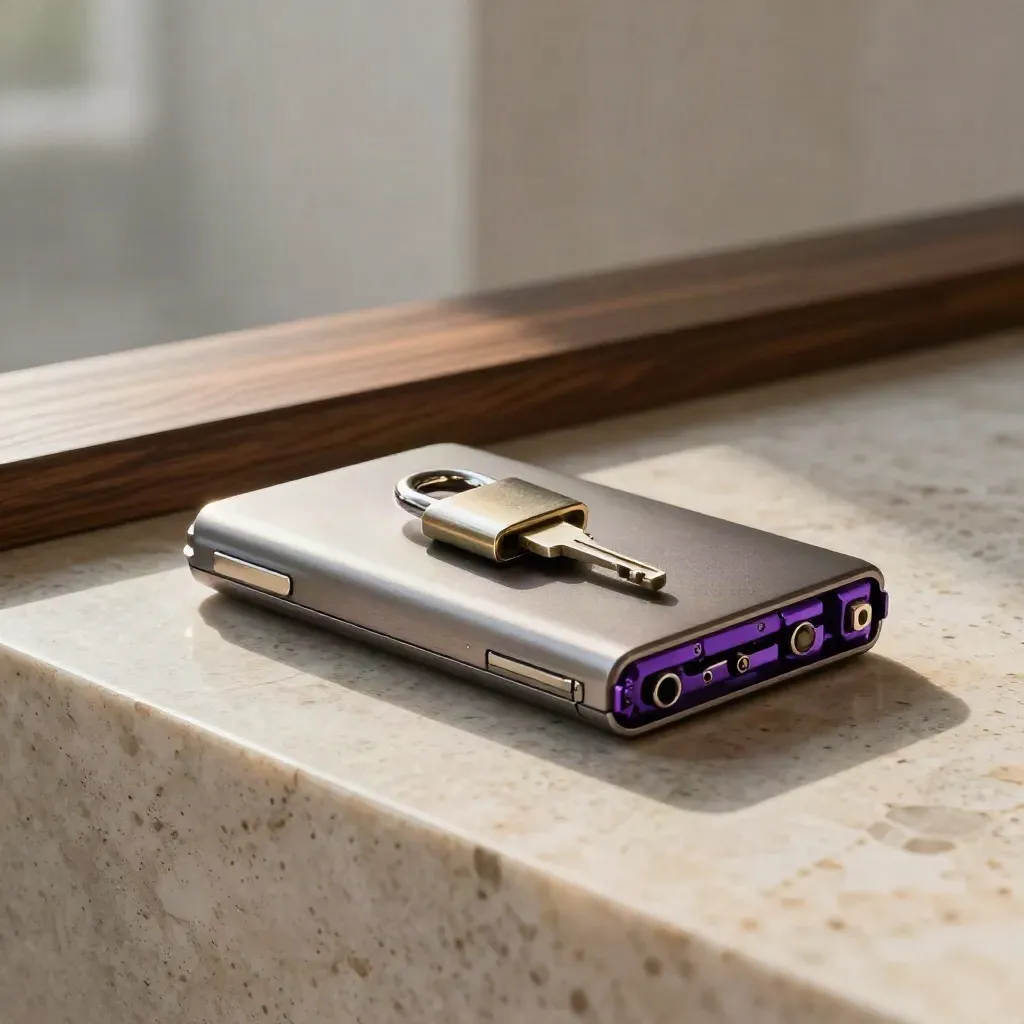 Hardware wallet, lockbox key, and upgrade blocks on pale travertine in soft morning light.