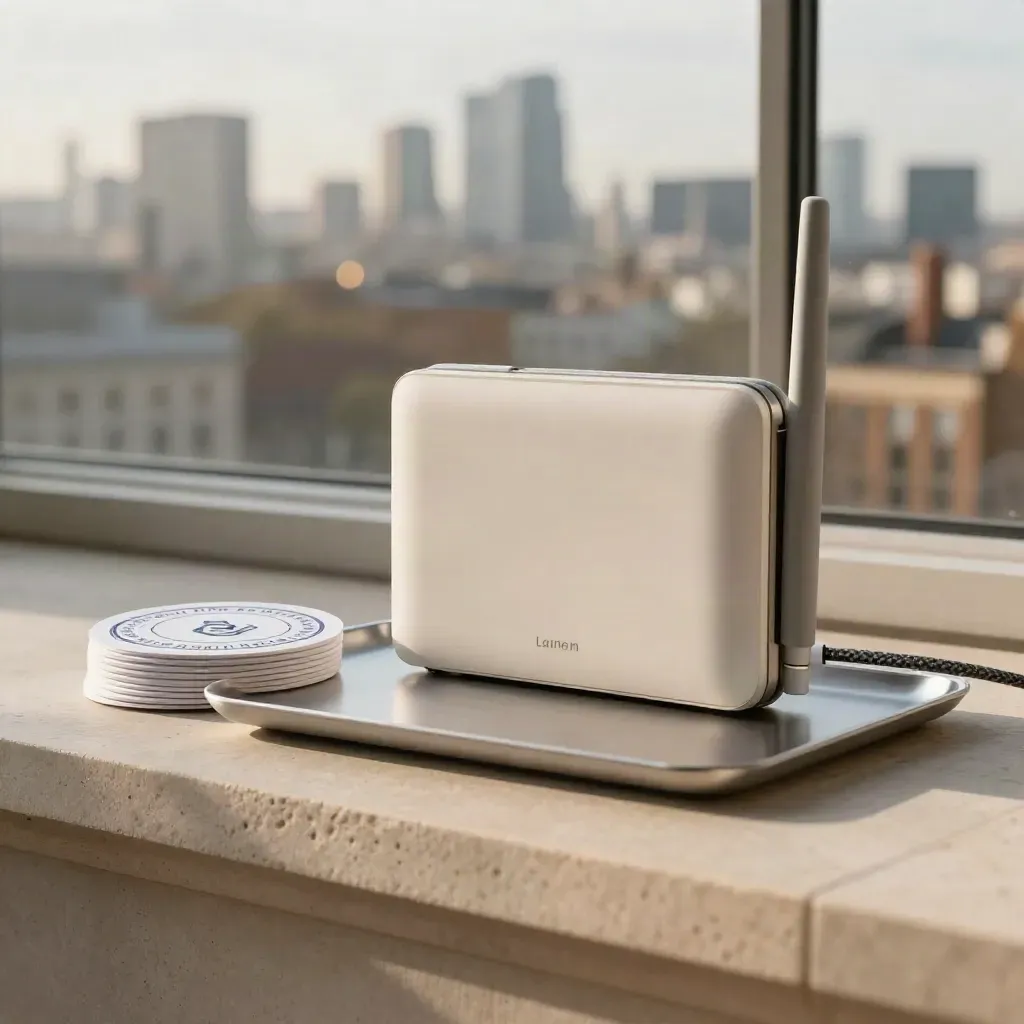 Hardware wallet and router on a pale window ledge with London softly blurred beyond.