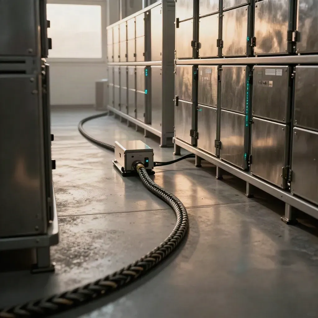 Cold-storage devices and braided cables tracing treasury flow in a secure room