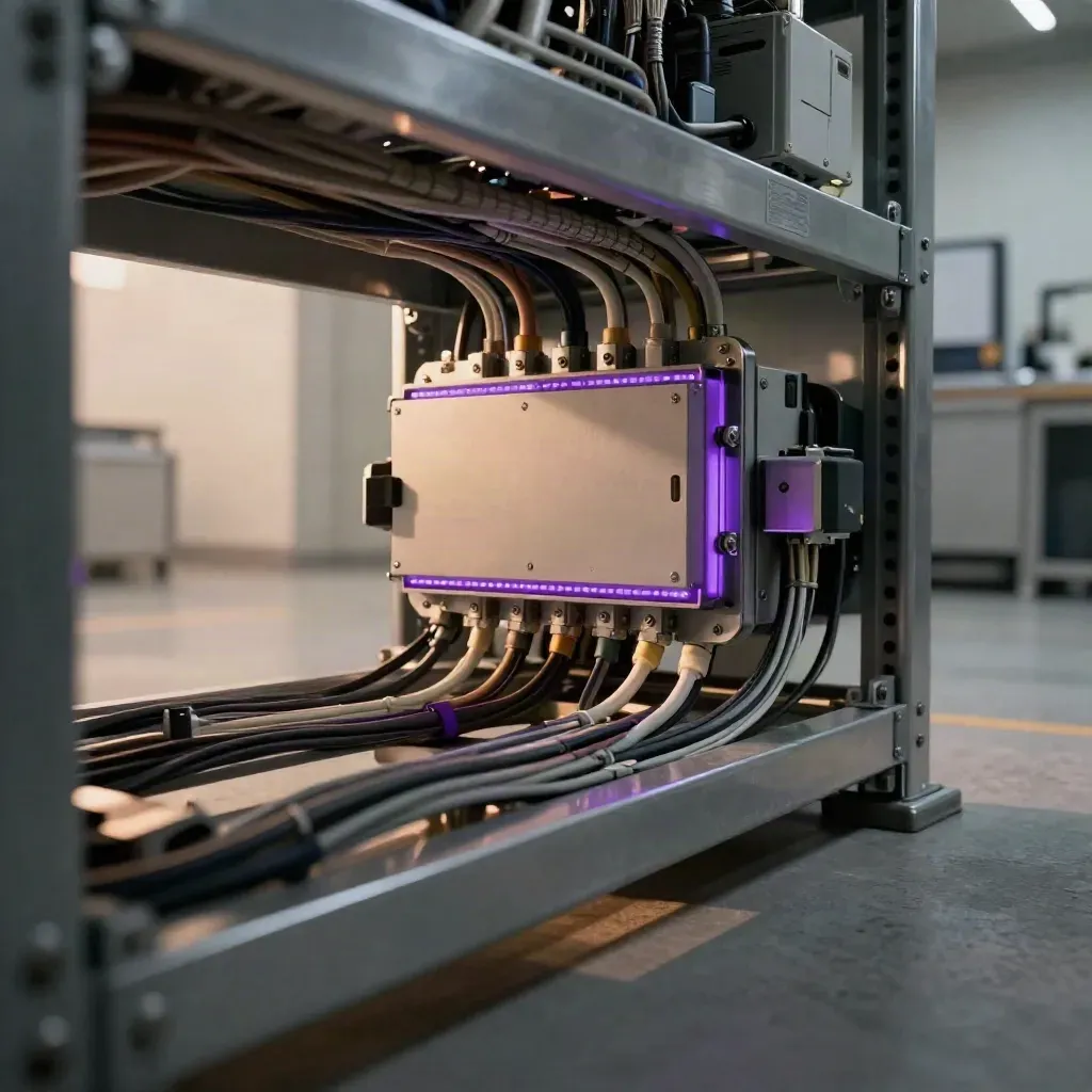 Low-angle service bay with bridge rack, braided cables, and a sealed transfer module.