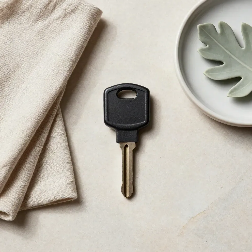 Overhead still life of a black security key, linen, dish and leaf on pale stone