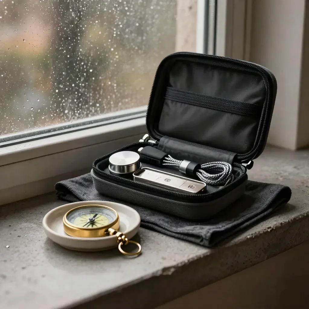 Incident response kit with wool cloth, ceramic dish and brass compass on a concrete sill by rainy glass.