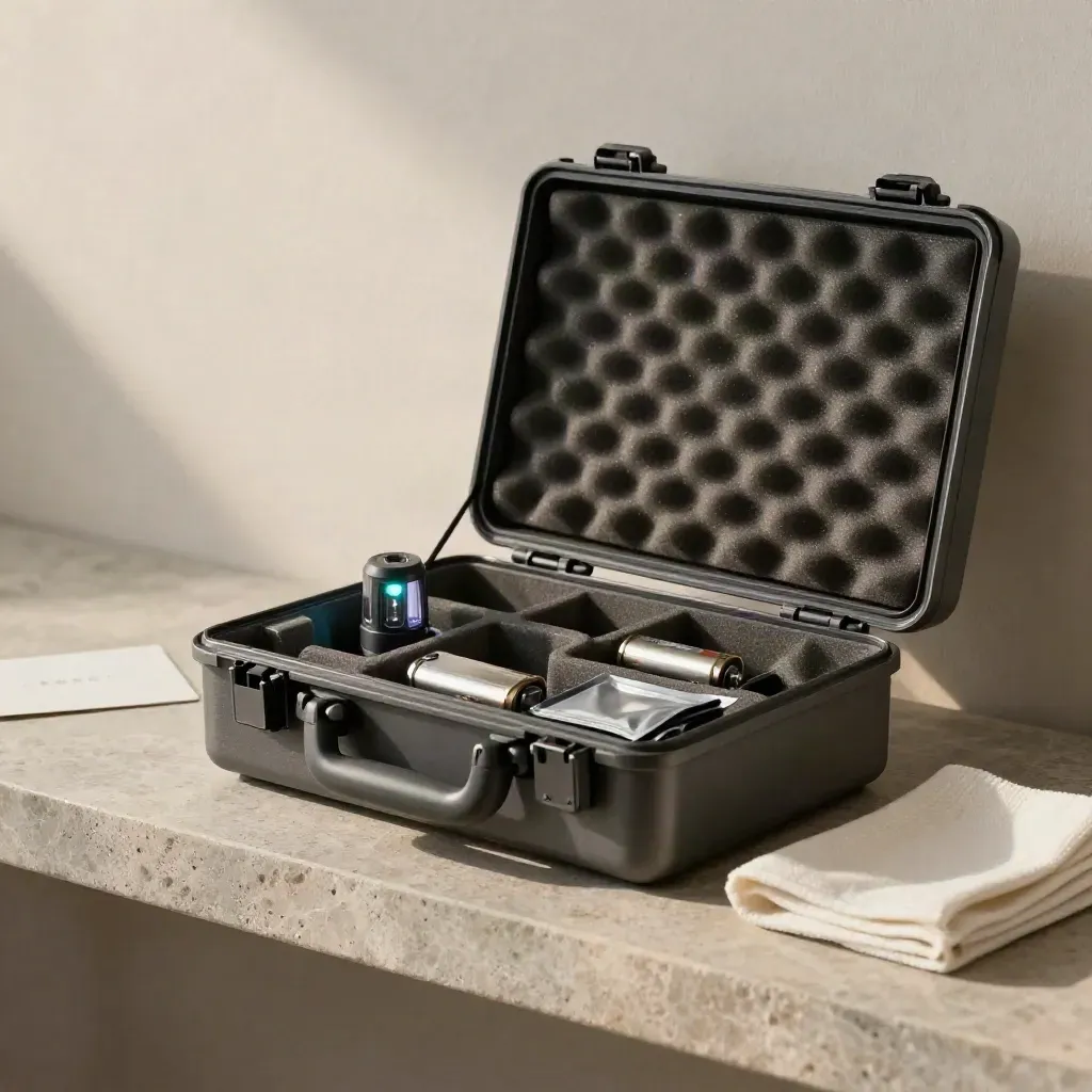 Open triage case with beacon, battery, pouch and cloth on a stone shelf, lit from one side.